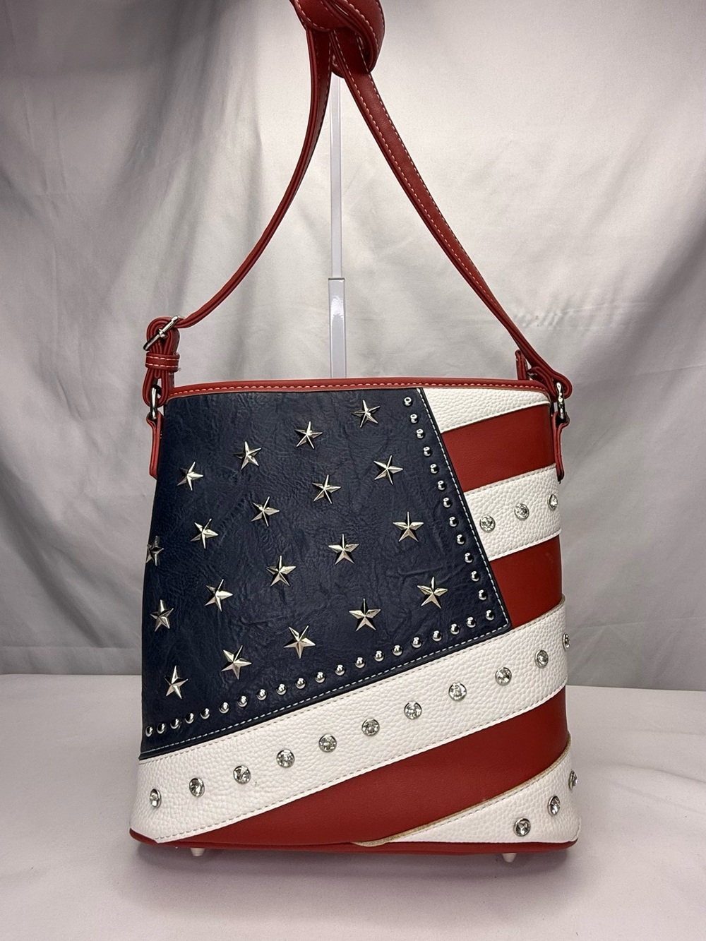 Patriotic Red, White & Blue Star Stud Bucket Crossbody Bag NWOT